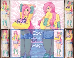 Size: 1108x875 | Tagged: advertisement, artist:pornomagnum, ass, belly button, big breasts, body pillow, body pillow design, bracelet, breasts, busty fluttershy, clothes, derpibooru import, female, flutterbutt, fluttershy, huge breasts, human, humanized, jewelry, midriff, shirt, shorts, sluttershy, sneakers, solo, solo female, stockings, suggestive