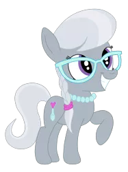 Size: 1936x2592 | Tagged: safe, artist:squipycheetah, derpibooru import, silver spoon, earth pony, pony, alternate cutie mark, braid, cute, female, filly, glasses, grin, hair tie, happy, jewelry, necklace, pearl necklace, raised hoof, silverbetes, simple background, smiling, solo, squee, transparent background, vector, watermark