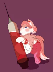 Size: 1098x1480 | Tagged: suggestive, artist:mellowhen, derpibooru import, nurse redheart, pony, belly, bipedal, blushing, bun, catherine, chubby, chubby cheeks, clothes, cosplay, costume, fat, giant syringe, gregory horror show, needle, nurse roundheart, obese, parody, socks, solo, standing, stockings, syringe