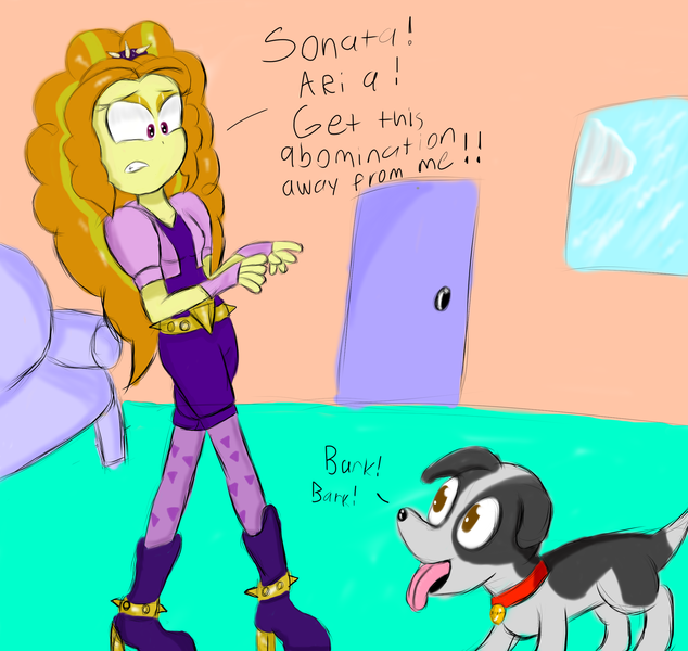 Size: 2229x2108 | Tagged: safe, artist:mildockart, derpibooru import, adagio dazzle, aria blaze, sonata dusk, dog, equestria girls, couch, door, requested art, scared