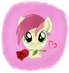 Size: 953x1000 | Tagged: artist:kasaler, bust, cute, derpibooru import, flower, flower in mouth, heart, looking at you, mouth hold, rose, roseluck, safe, solo