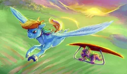 Size: 4000x2335 | Tagged: safe, artist:cuttledreams, derpibooru import, rainbow dash, spike, flying, hang gliding, sunrise