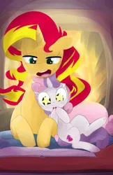 Size: 3300x5100 | Tagged: safe, artist:kryptchild, derpibooru import, sunset shimmer, sweetie belle, pony, unicorn, absurd resolution, book, cutie mark, female, filly, fireplace, friendshipping, pillow, prone, reading, starry eyes, the cmc's cutie marks, wingding eyes