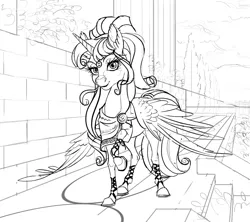 Size: 1698x1505 | Tagged: alternate hairstyle, artemis luna, artist:gor1ck, clothes, column, derpibooru import, greek, monochrome, princess luna, raised hoof, safe, sketch, smiling, solo