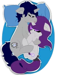 Size: 2769x3639 | Tagged: safe, artist:wickedsilly, derpibooru import, oc, oc:sleepy head, oc:wicked silly, unofficial characters only, pony, unicorn, couple, cuddling, female, male, oc x oc, ponysona, shipping, sleeping, snuggling, straight, wickedsleepy