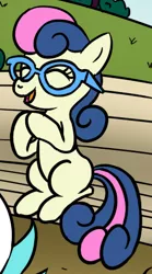 Size: 258x464 | Tagged: adorabon, artist:theponypretender, bench, bon bon, bon bon is amused, clapping, cropped, cute, derpibooru import, edit, filly, glasses, safe, solo, sweetie drops, twisted bon bon