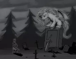 Size: 800x623 | Tagged: safe, artist:sensko, derpibooru import, fluttershy, bat pony, pony, chosen undead, crossover, dark souls, elite knight set, flutterbat, giant pony, grave, great grey wolf sif, missing cutie mark, monochrome, sad, sword, the chosen undead, this will end in tears and/or death, weapon