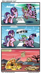 Size: 1280x2264 | Tagged: safe, artist:gray--day, derpibooru import, spike, starlight glimmer, twilight sparkle, twilight sparkle (alicorn), alicorn, pony, the cutie re-mark, :t, alternate timeline, angry, comic, confused, crying, dialogue, eyes closed, fangs, female, fluffy, food, frown, glare, gritted teeth, mare, monster, mouth, newspaper, open mouth, pointing, pure unfiltered evil, quesadilla, quesadilla monster, quiver, raised eyebrow, scrunchy face, shivering, teeth, the day of the triffids, they're just so cheesy, traumatized, trembling, wat, wide eyes, xk-class end-of-the-world scenario