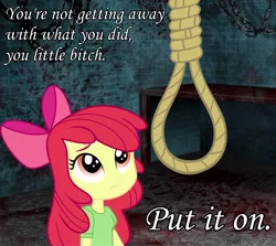 Size: 1916x1710 | Tagged: semi-grimdark, deleted from derpibooru, derpibooru import, edit, apple bloom, equestria girls, abuse, applebuse, context is for the weak, dungeon, edgy, execution, imminent death, implied hanging, noose, offscreen character, photoshop, sad, solo, vector