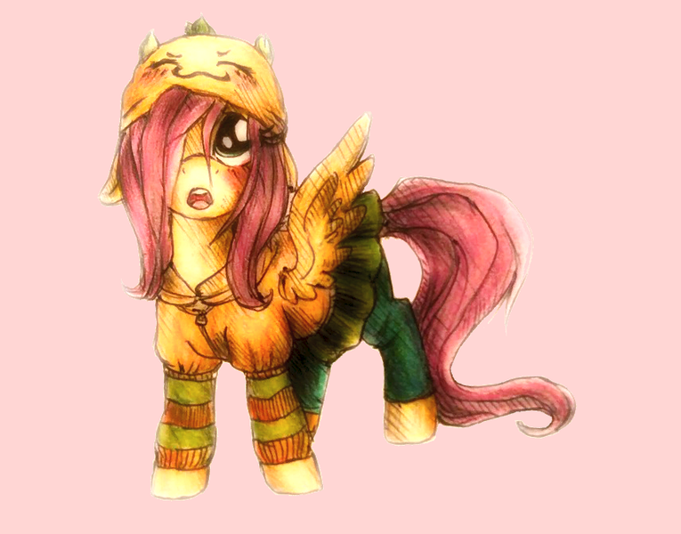 Size: 856x671 | Tagged: artist:buttersprinkle, clothes, cute, derpibooru import, fiesta online, fluttershy, hat, jacket, leggings, looking up, rpg, safe, shyabetes, simple background, skirt, solo, traditional art, younger