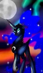 Size: 1232x2048 | Tagged: semi-grimdark, artist:minelvi, derpibooru import, princess luna, alternate hairstyle, blood, helmet, injured, moon, ponytail, solo, warrior luna