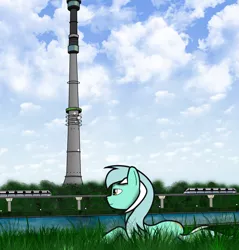Size: 5724x6000 | Tagged: safe, artist:subway777, derpibooru import, lyra heartstrings, pony, unicorn, absurd resolution, grass, monorail, moscow, ostankino tower, pond, prone, railroad, russia, smiling, solo, tower, train