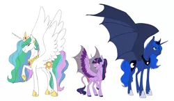 Size: 4750x2750 | Tagged: safe, artist:phobicalbino, derpibooru import, princess celestia, princess luna, twilight sparkle, twilight sparkle (alicorn), alicorn, bat pony, bat pony alicorn, classical unicorn, pony, bat ponified, bat wings, curved horn, fangs, headcanon, hybrid wings, leonine tail, lunabat, race swap, simple background, spread wings, unshorn fetlocks, white background, wings