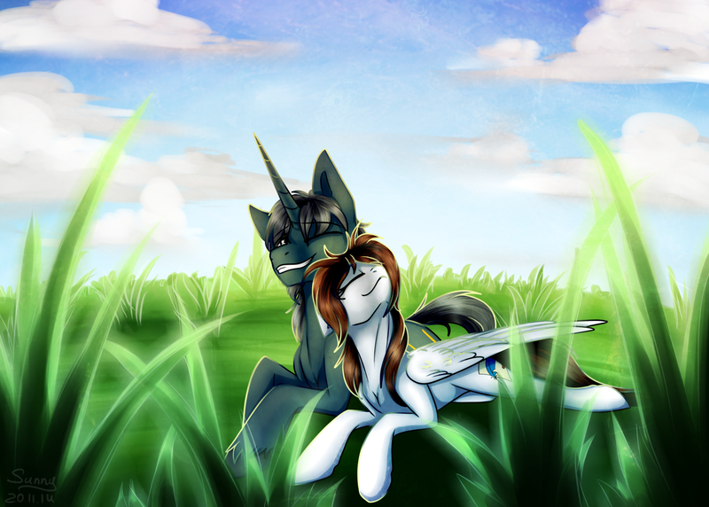 Size: 1600x1143 | Tagged: safe, artist:sunny way, derpibooru import, oc, oc:joysaidon, oc:mrsoldat, oc:sunny way, unofficial characters only, pegasus, pony, unicorn, cloud, duo, female, field, grass, male, prone, rcf community, straight, sunny