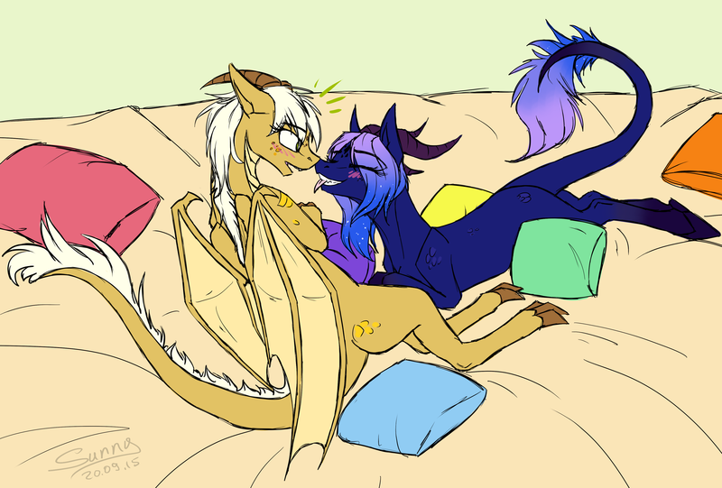 Size: 3735x2525 | Tagged: source needed, safe, artist:sunny way, derpibooru import, oc, oc:arita, oc:kariana, unofficial characters only, dracony, dragon, hybrid, bed, bedroom, blushing, boop, commission, cute, dragoness, female, pillow, rcf community, tongue out, wings