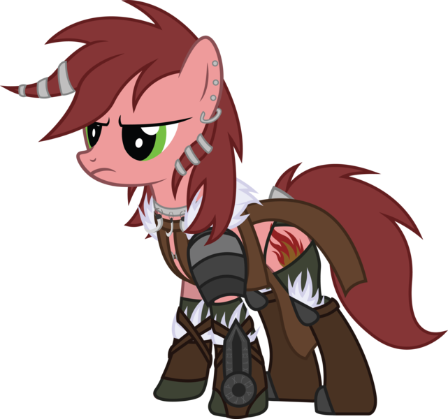 Size: 3103x2904 | Tagged: safe, artist:duskthebatpack, derpibooru import, oc, oc:fierce will, unofficial characters only, earth pony, pony, barbarian, bone, boots, clothes, cutie mark, earring, female, gauntlet, mare, necklace, piercing, shoulder pauldron, simple background, solo, transparent background, vector