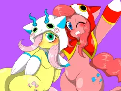 Size: 480x360 | Tagged: artist needed, clothes, derpibooru import, fluttershy, jibanyan, komasan, pinkie pie, safe, yo-kai watch, youkai