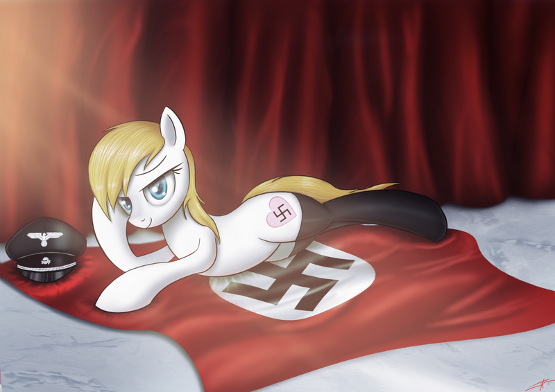 Size: 2000x1414 | Tagged: safe, artist:jeki, derpibooru import, oc, oc:aryanne, unofficial characters only, earth pony, pony, beautiful, bed, bedroom eyes, belly, clothes, crepuscular rays, curtains, draw me like one of your french girls, female, flag, germany, hat, looking at you, nazi, prone, reichsadler, silk, smiling, socks, solo, sunlight, swastika, totenkopf