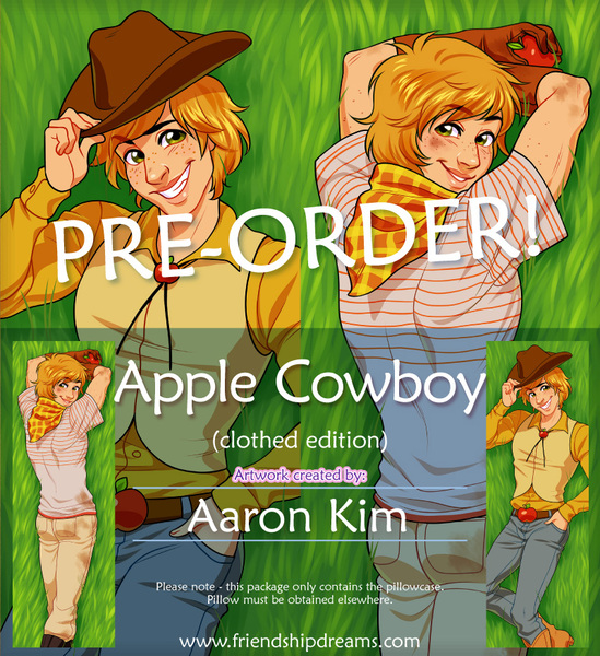 Size: 800x875 | Tagged: apple, artist:2ll2l, artist:aaron kim, belt buckle, bishie, bishonen, body pillow, body pillow design, braeburn, cowboy, cowboy hat, derpibooru import, food, hat, human, humanized, male, neckerchief, pillowcase, safe, smiling, solo