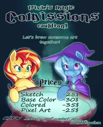 Size: 2626x3241 | Tagged: safe, artist:nauth, derpibooru import, sunset shimmer, trixie, pony, unicorn, blackletter, cauldron, commission info, frown, green background, magic, simple background, smiling