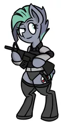 Size: 695x1391 | Tagged: suggestive, artist:coatieyay, derpibooru import, oc, oc:kahuna, unofficial characters only, pony, bipedal, body armor, bulletproof vest, clothes, garter, gun, lingerie, panties, rifle, solo, stockings, underwear, weapon