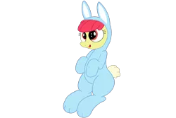 Size: 1500x1000 | Tagged: safe, artist:an-tonio, artist:railphotos, derpibooru import, apple bloom, earth pony, pony, adorabloom, bunny bloom, bunny costume, clothes, cute, female, filly, looking up, open mouth, simple background, sitting, smiling, solo, transparent background