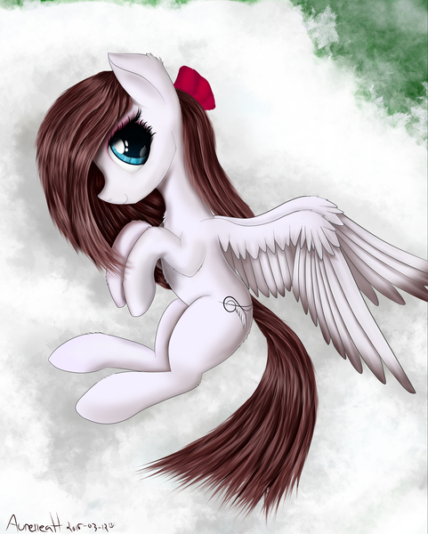 Size: 3600x4486 | Tagged: safe, artist:aurelleah, derpibooru import, oc, oc:aurelia freefeather, oc:aurelleah, oc:aurry, unofficial characters only, pegasus, pony, absurd resolution, anime eyes, blue eyes, bow, brown mane, cloud, cute, eyeshadow, female, hair bow, looking at you, makeup, mare, on a cloud, realistic, ribbon, side, side view, sky, solo, white