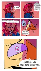 Size: 604x1050 | Tagged: safe, artist:stevetwisp, derpibooru import, edit, sunset shimmer, equestria girls, bill cipher, blushing, collage, comic, crossover, freckles, gravity falls, humanized, implied lesbian, implied sunsetsparkle, implied twilight sparkle, magic, pony falls, this will end in tears, xk-class end-of-the-world scenario