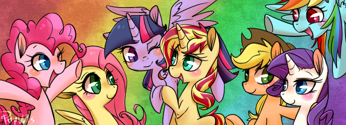 Size: 690x250 | Tagged: safe, artist:phyllismi, derpibooru import, applejack, fluttershy, pinkie pie, rainbow dash, rarity, sunset shimmer, twilight sparkle, twilight sparkle (alicorn), alicorn, pony, unicorn, alternate mane seven, female, mane six, mare