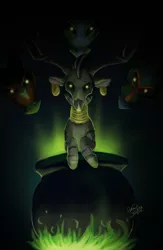 Size: 1265x1937 | Tagged: antlers, artist:mayasnou, cauldron, creepy, dark background, derpibooru import, glow, mask, safe, skull, solo, zebra, zecora