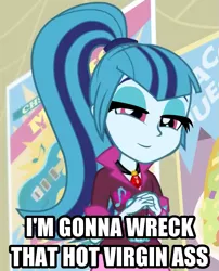 Size: 553x683 | Tagged: suggestive, derpibooru import, edit, edited screencap, screencap, sonata dusk, equestria girls, rainbow rocks, caption, image macro, meme, solo, vulgar