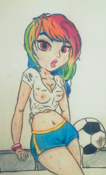 Size: 835x1371 | Tagged: artist:gingerthefox, breasts, clothes, derpibooru import, female, football, human, humanized, nipples, nudity, questionable, rainbow dash, shirt, solo, solo female, sweat, traditional art, wet t-shirt