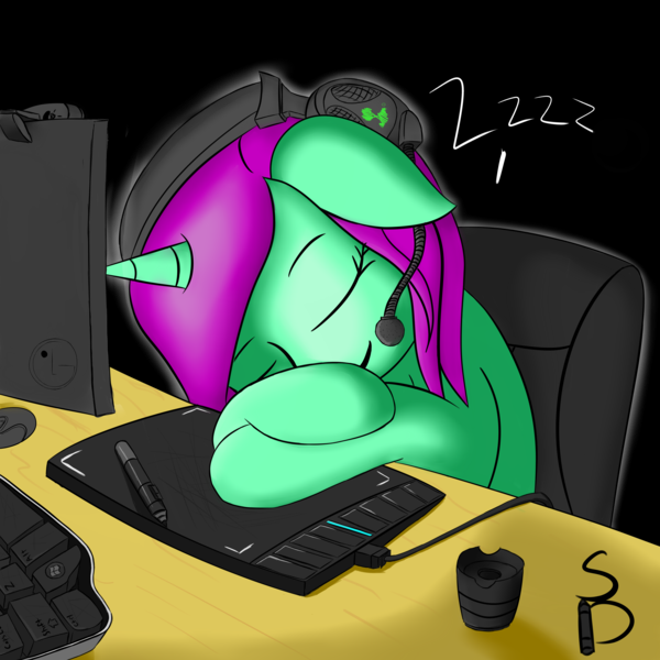 Size: 8000x8000 | Tagged: absurd resolution, artist:stormy-draws, computer, derpibooru import, headphones, oc, oc:stormy, safe, sleeping, solo, unofficial characters only