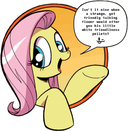 Size: 421x431 | Tagged: safe, derpibooru import, fluttershy, pegasus, pony, bad advice fluttershy, dialogue, exploitable meme, female, flowey, friendliness pellets, mare, meme, open mouth, smiling, solo, undertale, wink