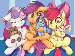 Size: 3000x2250 | Tagged: safe, artist:fearingfun, derpibooru import, edit, apple bloom, rainbow dash, scootaloo, sweetie belle, earth pony, pegasus, pony, rabbit, unicorn, :<, adorabloom, belly button, colored pupils, cute, cutealoo, cutie mark crusaders, diasweetes, dock, explicit source, eyes closed, featureless crotch, female, filly, floppy ears, high res, hug, open mouth, plushie, sfw edit, sitting, smiling, teddy bear, underhoof