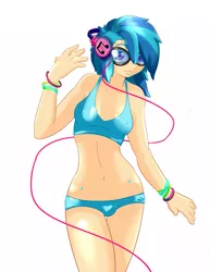 Size: 989x1280 | Tagged: artist:lilithrose, belly button, bikini, breasts, clothes, derpibooru import, erect nipples, headphones, human, humanized, nipple outline, solo, suggestive, sunglasses, swimsuit, vinyl scratch