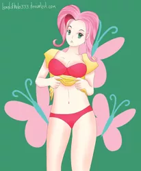 Size: 1280x1554 | Tagged: artist:zamusmjolnir, belly button, bikini, bra, breasts, busty fluttershy, clothes, derpibooru import, female, fluttershy, human, humanized, panties, shirt, shirt lift, solo, solo female, suggestive, swimsuit, underwear, undressing