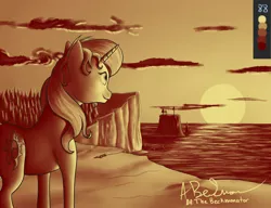 Size: 3310x2542 | Tagged: safe, artist:thebeckmanator, derpibooru import, sunset shimmer, pony, unicorn, cliff, limited palette, monochrome, ocean, solo, sunset