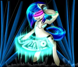 Size: 2100x1800 | Tagged: safe, artist:amberony, derpibooru import, vinyl scratch, pony, bipedal, chest fluff, glowstick, grin, headphones, solo