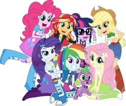 Size: 4471x3758 | Tagged: safe, artist:sketchmcreations, derpibooru import, applejack, fluttershy, pinkie pie, rainbow dash, rarity, sci-twi, spike, spike the regular dog, sunset shimmer, twilight sparkle, dog, equestria girls, friendship games, absurd resolution, group photo, group shot, right there in front of me, simple background, transparent background, vector