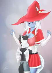 Size: 1197x1669 | Tagged: safe, artist:kasaler, banned from derpibooru, derpibooru import, rumble, trixie, anthro, bad touch, blushing, boob smothering, breasts, busty trixie, cleavage, clothes, cosplay, costume, embarrassed, female, hug, image, male, molestation, nail polish, png, shotacon, smothering, straight, straight shota, underage