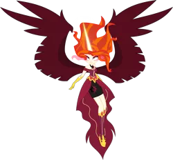 Size: 5000x4649 | Tagged: safe, artist:xebck, derpibooru import, sunset shimmer, solar eclipse (au), equestria girls, friendship games, absurd resolution, alternate universe, clothes, dark magic, fiery shimmer, magic, mane of fire, midnight-ified, necklace, redesign, role reversal, simple background, solo, sombra eyes, transparent background, vector, wings