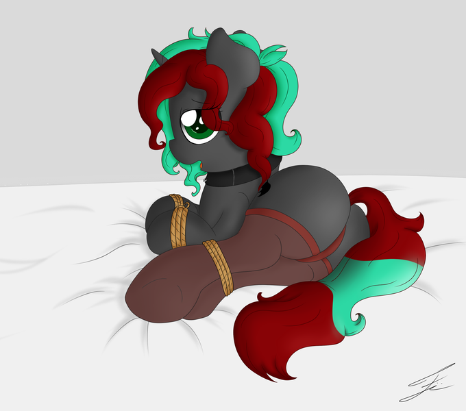 Size: 1700x1500 | Tagged: suggestive, artist:fluttair, derpibooru import, oc, oc:pandorra, unofficial characters only, pony, unicorn, bed, bondage, clothes, collar, female, lingerie, looking at you, looking back, panties, plot, rope, socks, solo, solo female, underwear