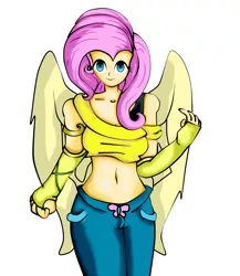 Size: 1300x1500 | Tagged: artist:eduarknes, belly button, clothes, derpibooru import, fingerless gloves, fluttershy, gloves, human, humanized, jeans, midriff, off shoulder, pants, safe, solo, tanktop, winged humanization