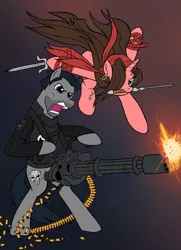 Size: 2542x3509 | Tagged: safe, artist:edcom02, artist:jmkplover, derpibooru import, ponified, earth pony, pony, unicorn, crossover, elektra, frank castle, marvel, minigun, punisher, sai