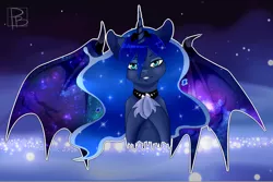 Size: 3000x2000 | Tagged: artist:hfinder, bat wings, chest fluff, derpibooru import, dreamscape, dream walker luna, grin, looking at you, princess luna, safe, solo, starry wings