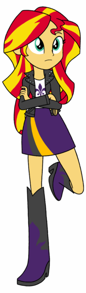 Size: 378x1280 | Tagged: safe, artist:blondenobody, artist:givralix, derpibooru import, fleur-de-lis, sunset shimmer, equestria girls, 3rd street saints, alternate costumes, boots, clothes, crossed arms, description is relevant, high heel boots, high heels, jacket, leaning, leather jacket, saints row, simple background, skirt, solo