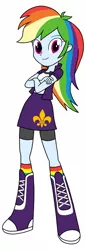 Size: 438x1280 | Tagged: safe, artist:blondenobody, artist:starbolt-81, derpibooru import, fleur-de-lis, rainbow dash, equestria girls, 3rd street saints, alternate costumes, boots, clothes, compression shorts, crossed arms, description is relevant, looking at you, saints row, shorts, simple background, skirt, socks, solo