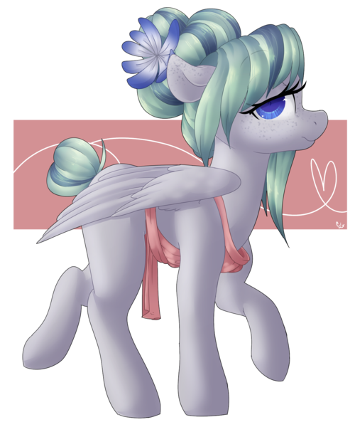 Size: 1280x1537 | Tagged: safe, artist:rue-willings, derpibooru import, oc, oc:feather fry, unofficial characters only, pegasus, pony, apron, clothes, ear freckles, flower, flower in hair, freckles, hair bun, solo