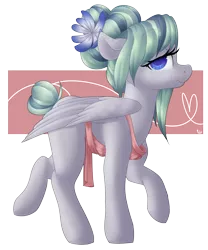 Size: 1280x1537 | Tagged: safe, artist:rue-willings, derpibooru import, oc, oc:feather fry, unofficial characters only, pegasus, pony, apron, clothes, ear freckles, flower, flower in hair, freckles, hair bun, solo